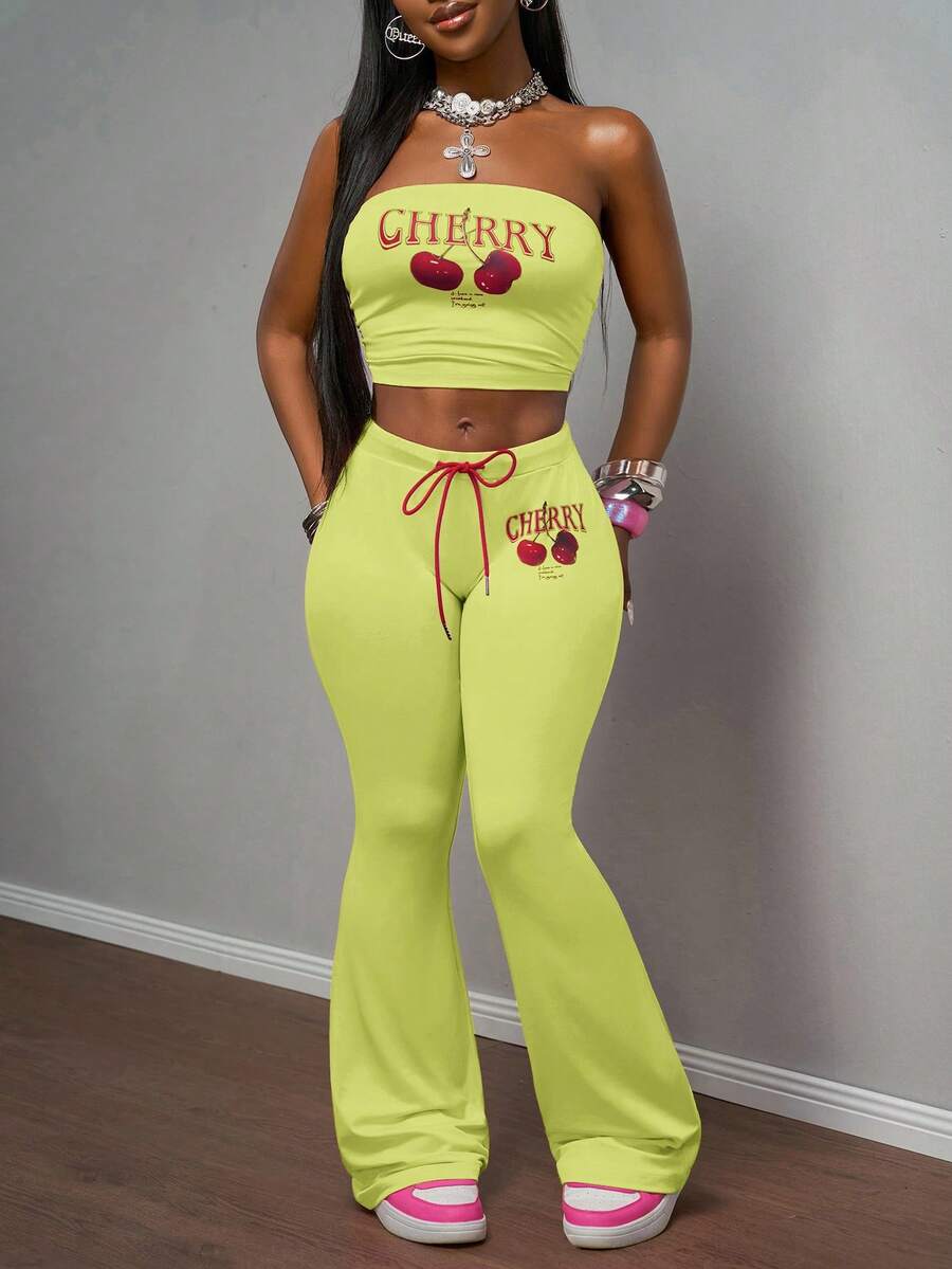 Slaydiva Conjunto de 2 piezas de top tubo sin mangas y pantalones acampanados con estampado de cerezas, de tela elástica de punto en color rosa, estilo retro americano, para fiestas, vacaciones, playa, estilo casual diario, festival de música bohemio, primavera/verano 2025 - Amarillo claro - Ver 1