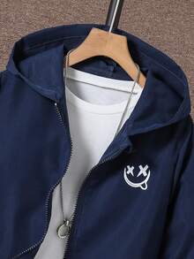 SHEIN Tween Boy Casual Graphic Print Hoodie Jacket, Autumn - Navy Blue - View 4