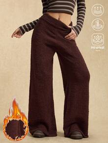 Easelle 女士休闲棕色宽松阔腿针织裤，秋冬 - 棕色 - 查看 1