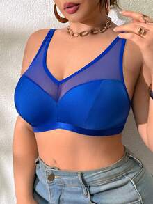 Plus Size Wireless Curve Bralette, Minimalist Style, Navy Blue See Through Bralette Mesh Bra - Royal Blue - View 4