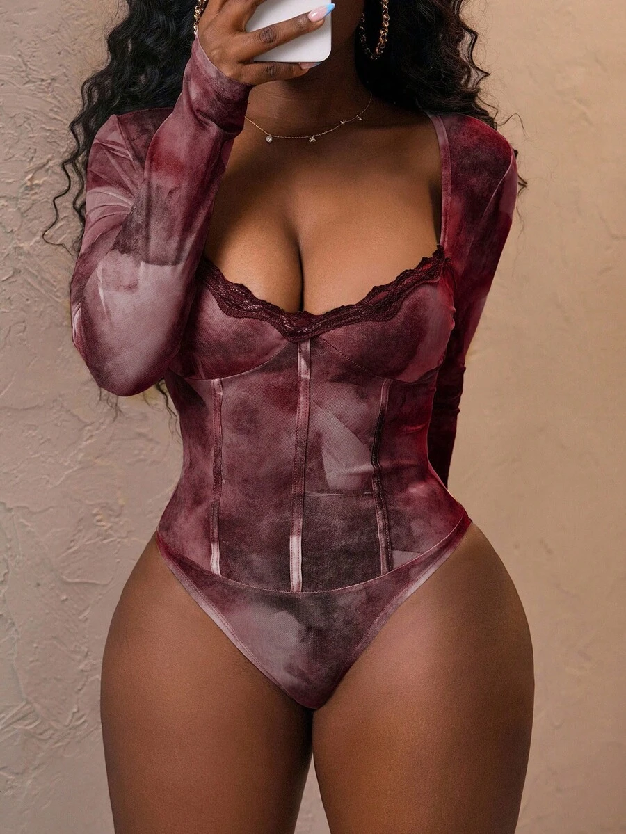 Slaydiva New Elegant Casual Square Neck Lace Decoration Sfumato Pattern Print Long Sleeve Women's Bodysuit Long Sleeve Bodysuit Women Bodysuits Sheer Bodysuit - Burgundy - View 1