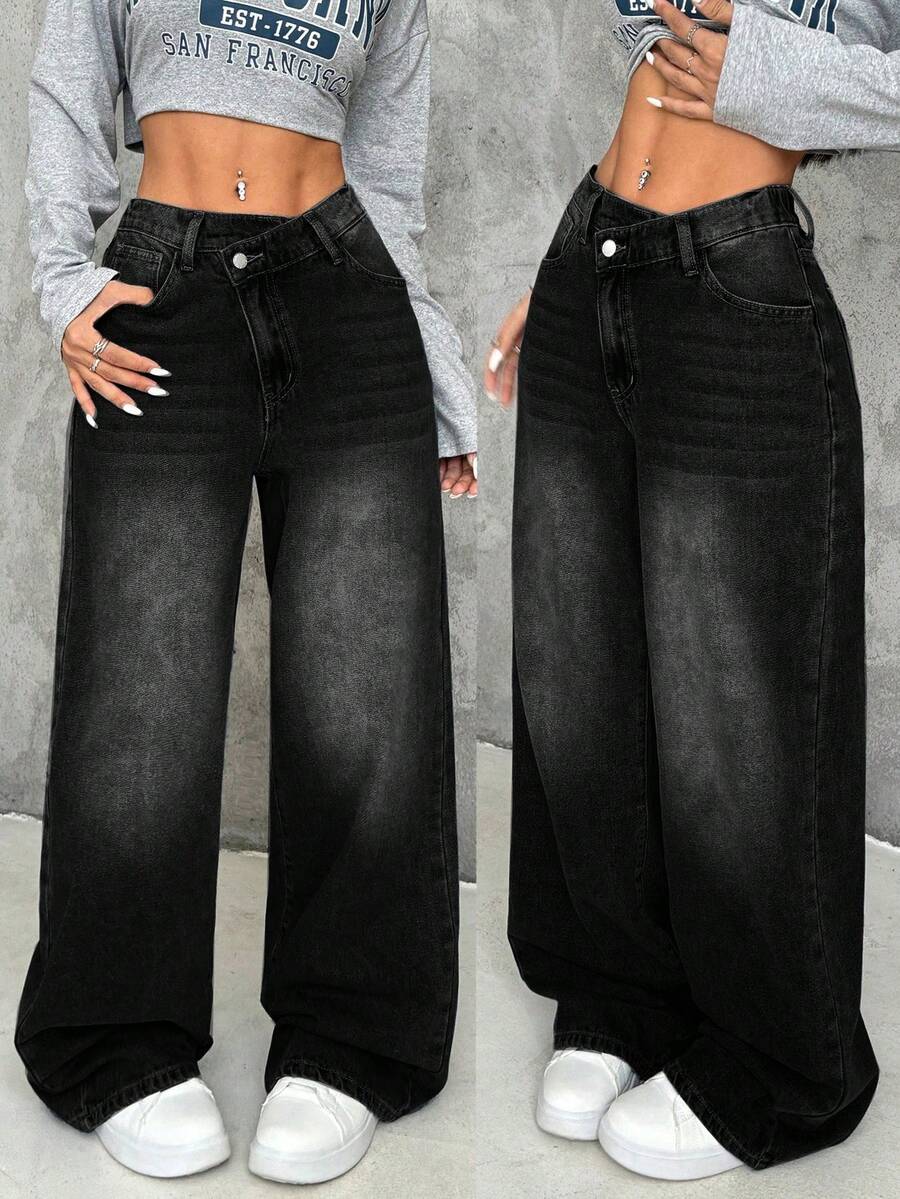 SHEIN Tall 女式休闲水洗不对称腰部阔腿牛仔裤 - 黑色 - 查看 1