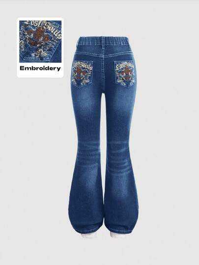 SHEIN Girlism Tween Girl Off-Shoulder Broderad Ficka Casual Mångsidiga Utsvängda Jeans