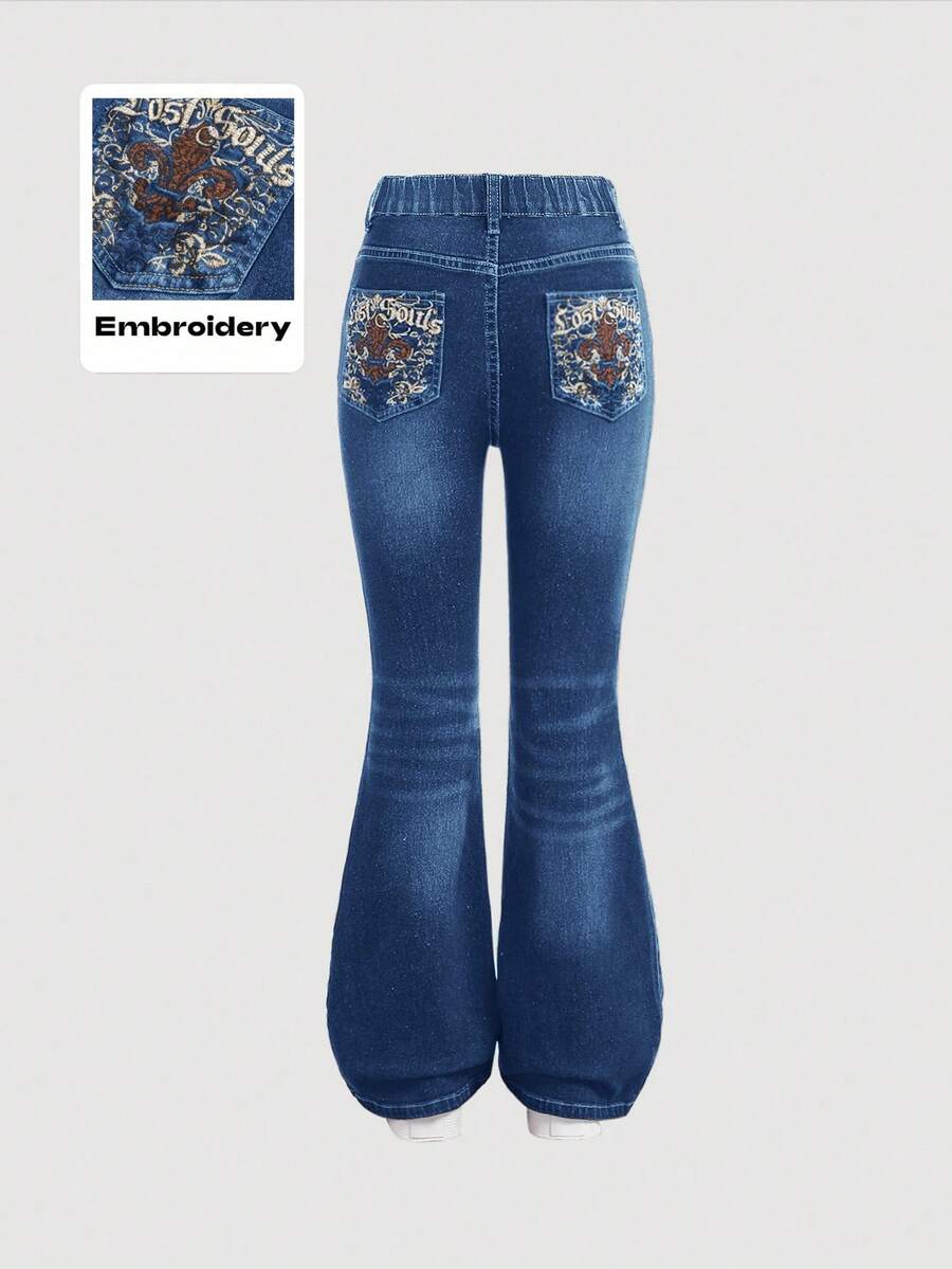 SHEIN Girlism 青少年女孩露肩刺绣口袋休闲百搭喇叭牛仔裤 - 深色水洗藍 - 查看 1