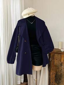 SHEIN EZwear Giacca a vento casual minimalista con collo a bavero e bottoni, stile francese, per taglie forti, adatta per l'autunno/inverno - Blu Navy - Visualizzare 5