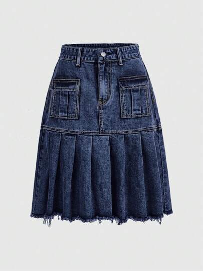 Grunge Punk Flap Pocket Pleated Hem Denim Skirt