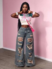 Slaydiva Quần jean ống rộng dáng rộng, túi rách, dễ phối đồ cho nữ cỡ lớn - Xám - Xem 6