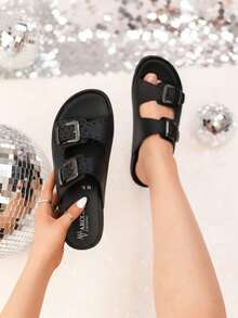 Sandalias mujer plana tiras cruzadas con hebilla doble perforada punta abierta estilo casual verano - Negro - Ver 1
