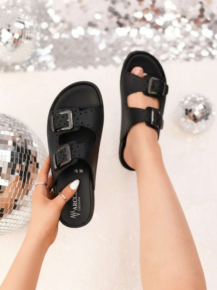 Sandalias mujer plana tiras cruzadas con hebilla doble perforada punta abierta estilo casual verano - Negro - Ver 1