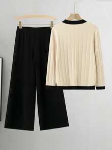 SHEIN LUNE Plus Size Elegant Contrast Trim Button Front Cardigan And Pants Set, Autumn - Multicolor - View 2