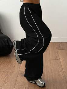 Coolane Women's Winter Streetwear Homecoming Daily Wear Going Out Sport Casual Basic Banded Texture Decoration  Black Low Rise Baggy Sweatpants - Black - View 2