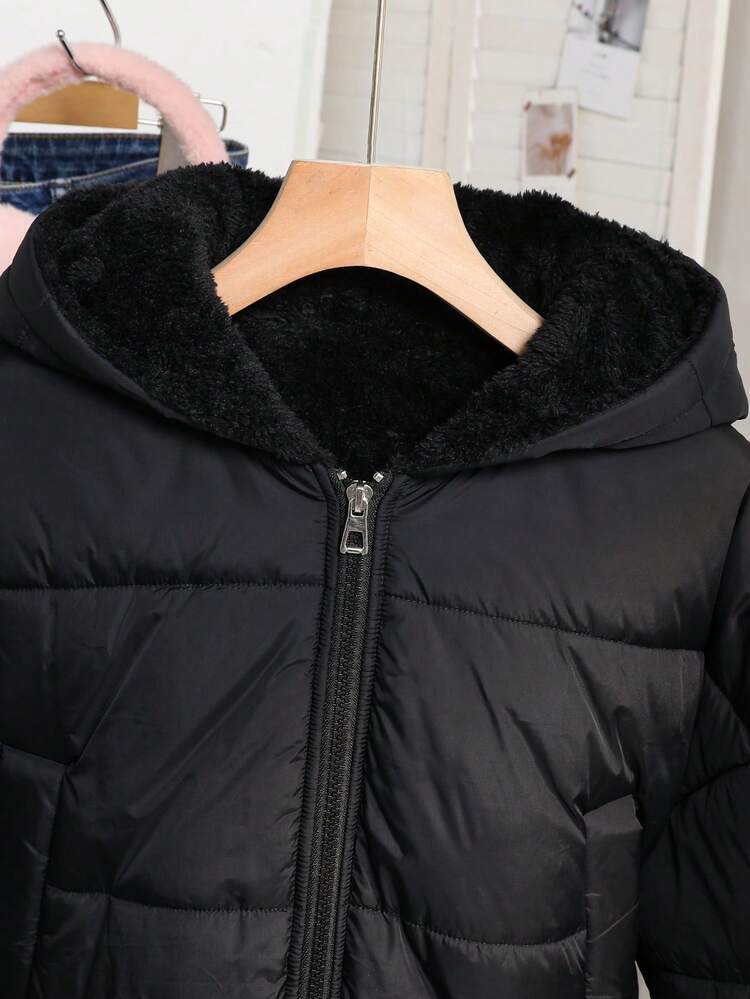 少女休闲短款连帽棉衣，保暖内衬，宽松版型，舒适，适合秋冬季日常穿着、户外、派对、拍照 - 黑色 - 查看 6
