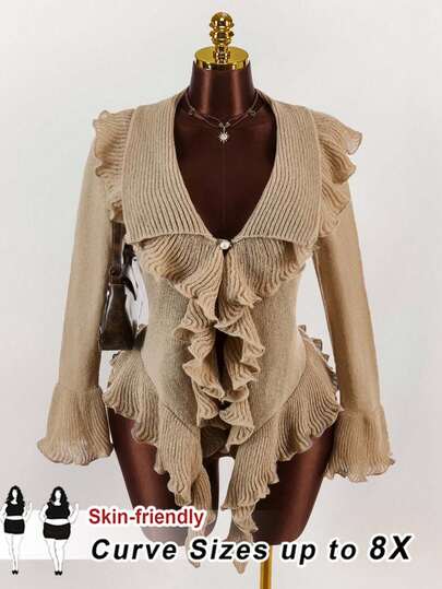 SHEIN CURVE+ 大码女装秋冬新款时尚性感甜美荷叶边喇叭袖开衫大码女装开衫