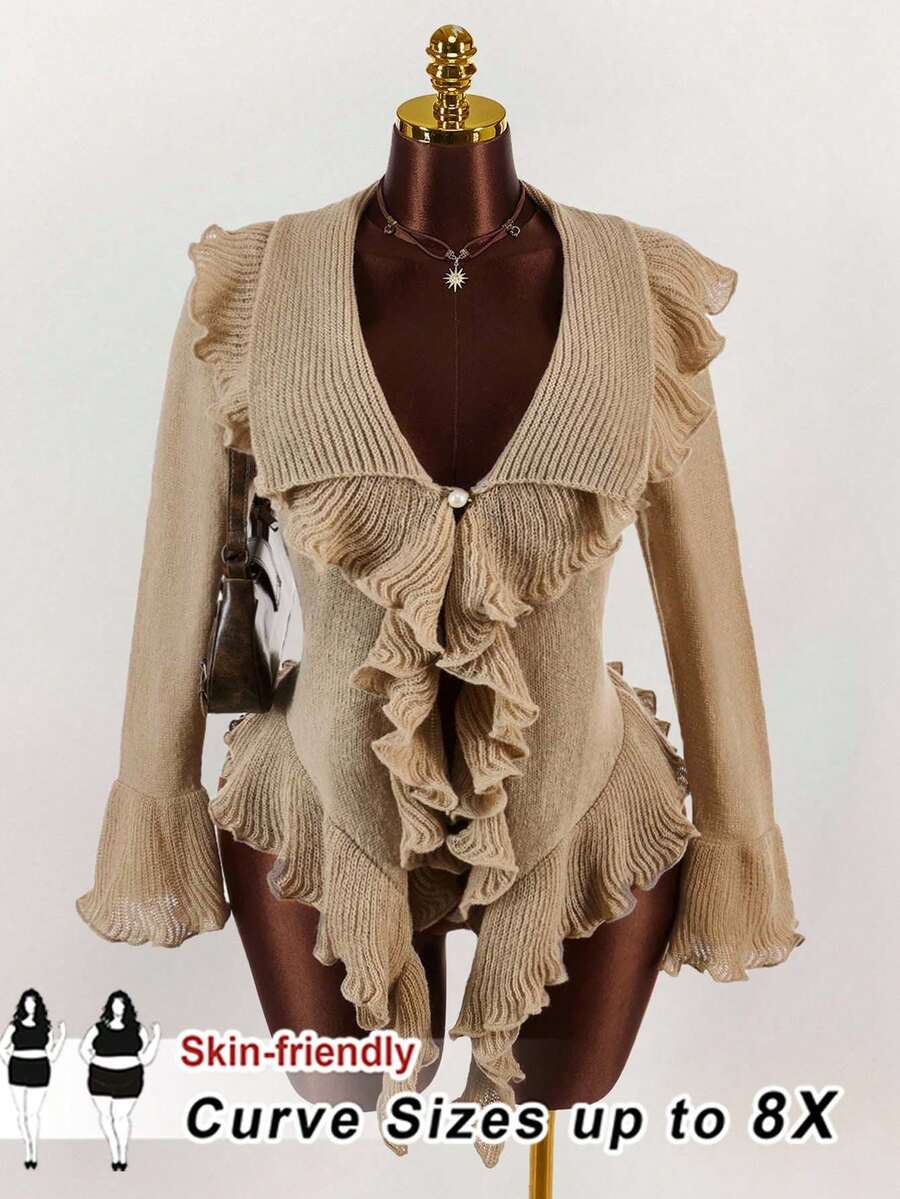 SHEIN CURVE+ Áo khoác cardigan tay loe bèo nhún cỡ lớn thời trang thu đông cho nữ phong cách mới, thời trang, gợi cảm, ngọt ngào, cỡ lớn - Màu Khaki - Xem 1