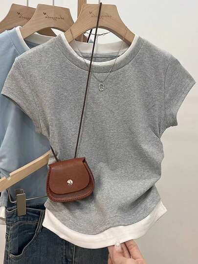 Franclia 法国简约时尚灰色针织圆领二合一短袖上衣，新款夏季女式上衣