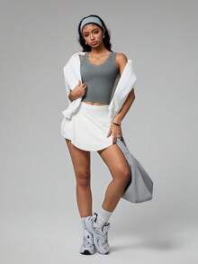 Dewbera Áo ba lỗ thể thao bó sát cổ chữ V màu trơn dành cho nữ - Xám - Xem 7