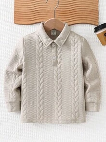 Kids/Young Boy Casual Everyday Versatile Comfortable Turndown Collar Knit Long Sleeve Loose Pullover Half-Zip Polo - Khaki - View 2