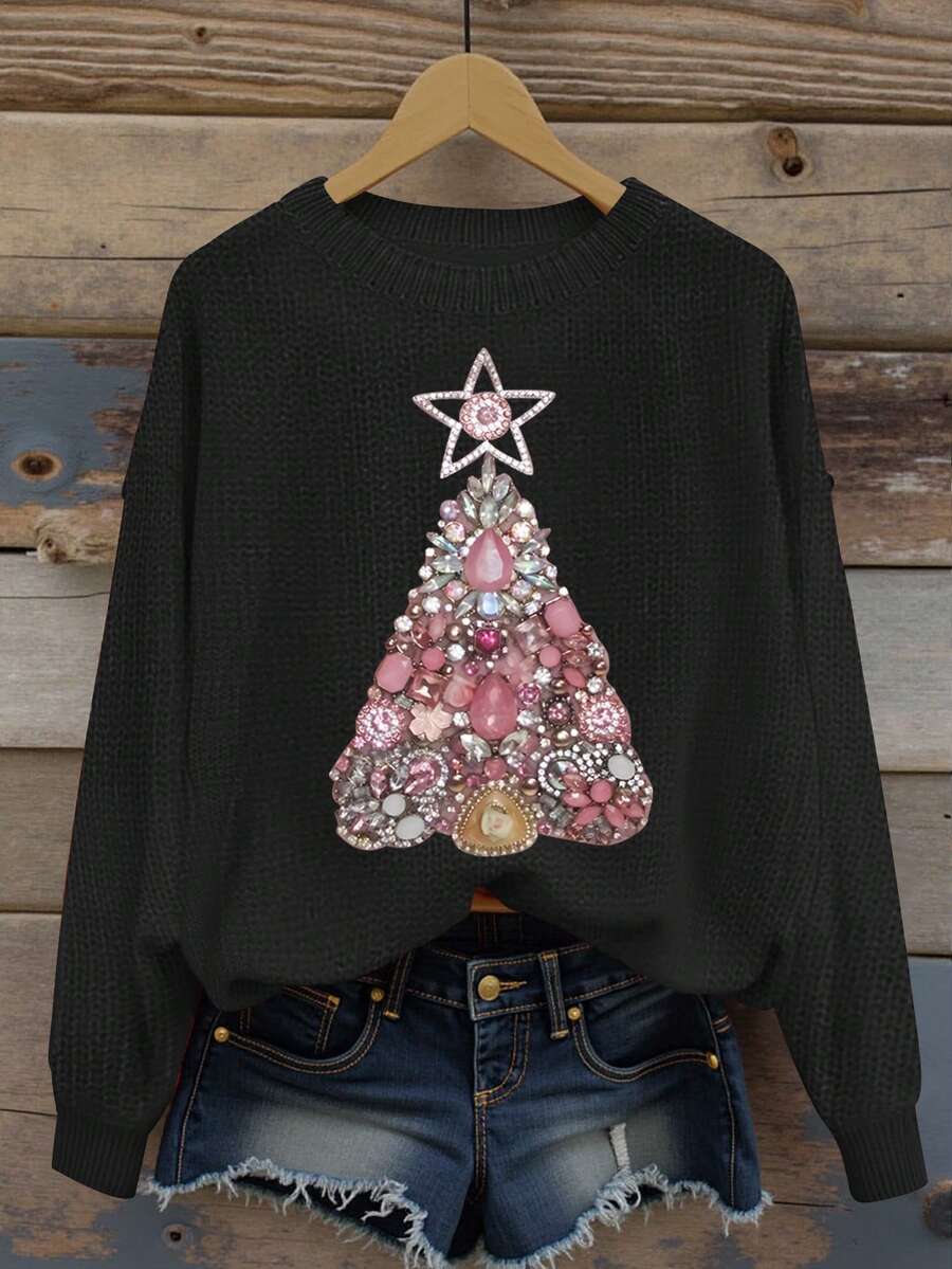 Glissea Colorful Comfortable Christmas Sweater, Women's Round Neck Long Sleeve Star & Christmas Tree Pattern Top, Christmas Gift