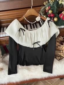 SHEIN Women's Elegant Color Block Bow Decor Long Sleeve Top, Autumn, Christmas - Black and White - View 1
