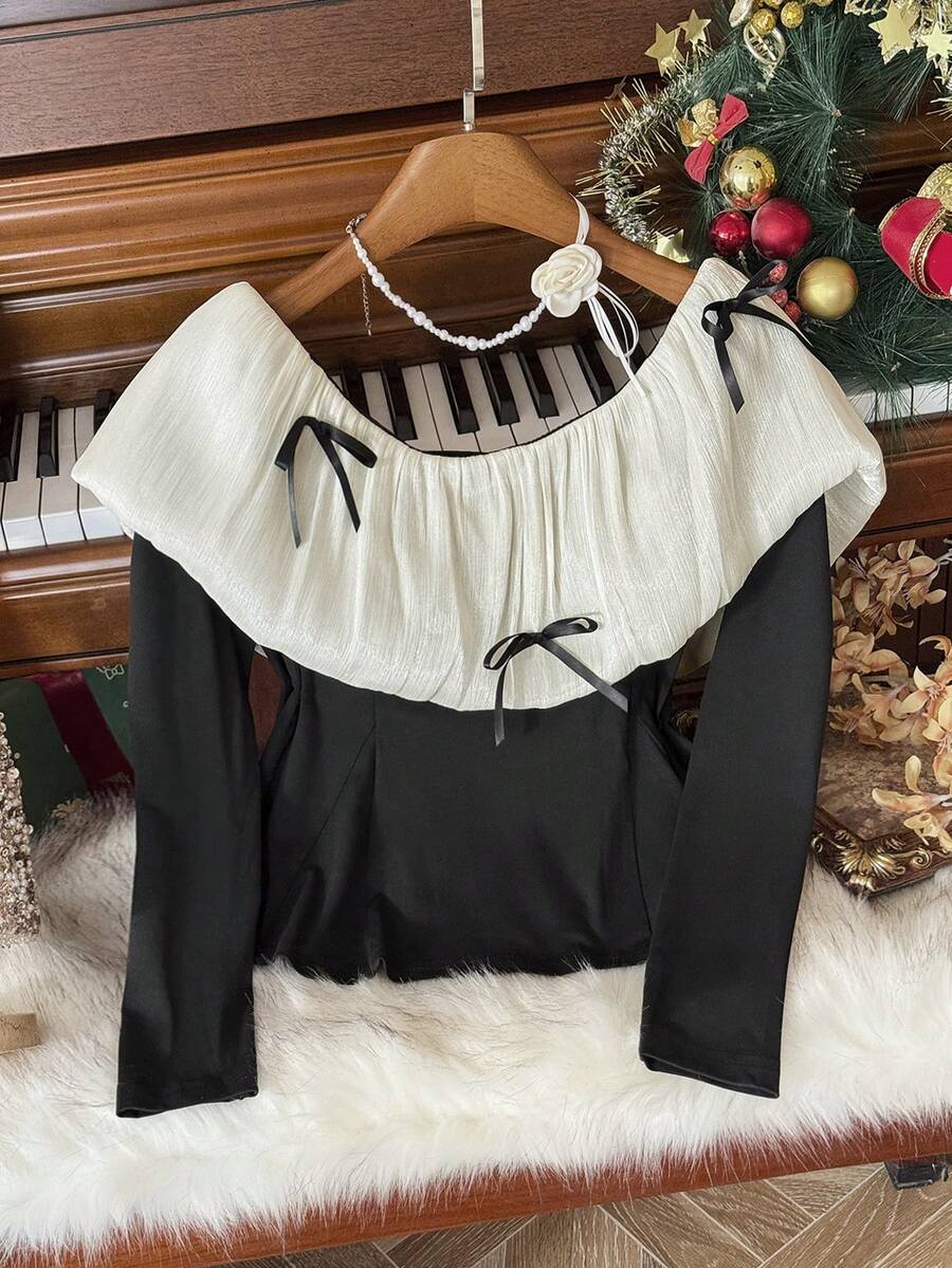 SHEIN Women's Elegant Color Block Bow Decor Long Sleeve Top, Autumn, Christmas - Black and White - View 1