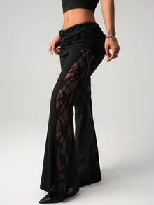 SHEIN ICON Plus Size Women's Black Lace Side Splice Vacation Sexy Waist Drawstring Flare Pants - Black - View 6