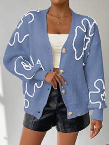 SHEIN Unity Floral Pattern Drop Shoulder Cardigan - Baby Blue - View 6