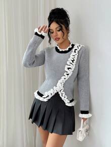 SHEIN Elenzya Blusa de malha feminina elegante e moderna com acabamento em renda e manga comprida - Cinza - Ver 1