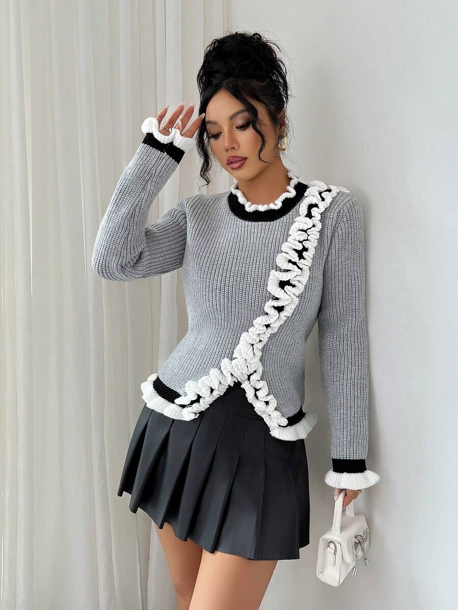 SHEIN Elenzya Blusa de malha feminina elegante e moderna com acabamento em renda e manga comprida - Cinza - Ver 1