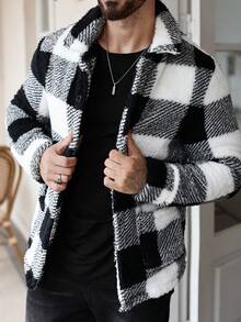 Manfinity Homme Men's Loose Fit Plaid Fleece Long Sleeve Single Breasted Casual Jacket, Autumn Winter,Men Flannel,Winter Men Jacket Men Knitted Button Up Men Shacket Men Flannels Black And White Jacket Plaid Jacket Men - Black - View 5