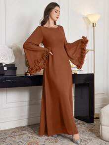 Modelyn Women's Elegant Waist Tie Flared Sleeve Ruffle Hem Dress - Brown - View 7