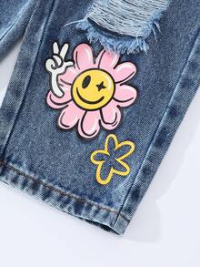 SHEIN Baby Girl Floral Print Distressed Pocket Casual Jeans - Medium Wash - View 5