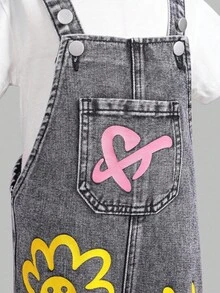 SHEIN ChillGRL 女童新款花卉、心形、彩虹涂鸦时尚休闲舒适柔软牛仔连体裤 - 灰色 - 查看 5