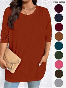 EMERY ROSE Plus Size Women's Solid Color Minimalist Long Sleeve T-Shirt - Coral Orange - View 1