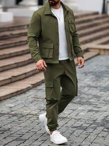 Manfinity Homme 男士纯色长袖单排扣工装口袋衬衫和裤子休闲西装秋季服装 - 軍綠色 - 查看 7