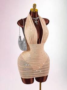 Amplova Rochie mini sexy de petrecere cu imprimeu floral din plasă cu strasuri, fără spate, cu halter - Caisă - Vizualizare 4