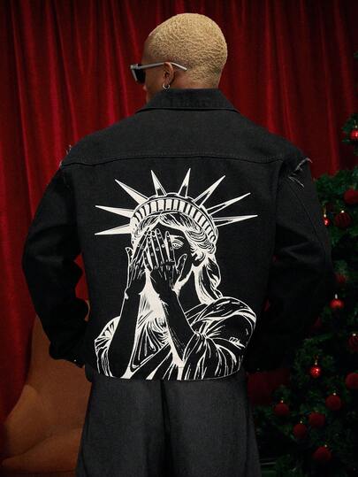 PAVTROS Men's Portrait Print Casual Black Denim Long Sleeve Shirt Black Graphic Jacket Jesus Jacket Men's Religious Shirt, For Christmas