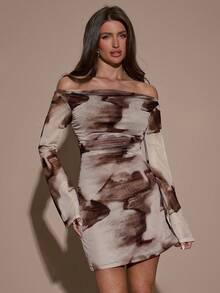 SHEIN BAE Women's Tie-Dye Print Off Shoulder Long Sleeve Ruched Fitted Fashionable Mini Dress - Brown - View 3