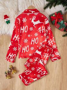 SHEIN Girls' Red And White Christmas Penguin & Candy Cane Print Fleece Pajama Set,Cute Autumn Winter Casual Comfortable 2 Pieces Matching Family Pajamas - Red - View 2