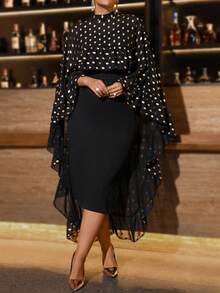 EMERY ROSE 大码女士优雅复古黑色金箔立领不对称荷叶边披肩上衣 + 女士优雅性感黑色开衩吊带裙，春秋季 - 黑色 - 查看 4