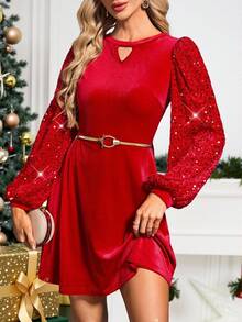 SHEIN Clasi 女式 V 领长袖红色亮片拼布腰部修身弹力串珠闪亮优雅日常穿着派对节日迷你连衣裙 - 紅色 - 查看 16