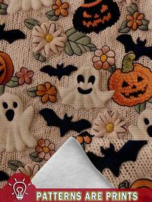 SHEIN LUNE 休闲简约印花图案圆领宽松女式卫衣，适合万圣节、鬼魂印花、南瓜印花、蝙蝠印花秋冬 - 彩色 - 查看 3