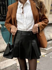 Pariaura Chân váy ngắn xếp ly da màu đen, cạp cao, đa năng cho trang phục hàng ngày/đi làm, phong cách ngọt ngào và gợi cảm - màu đen - Xem 3