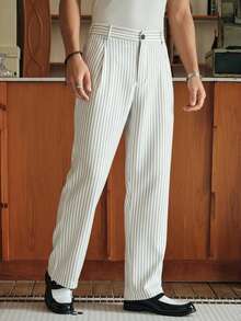 SWAVVY 男士条纹印花褶皱商务休闲正装裤 - 白色 - 查看 4