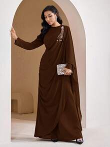 Veilorie Women's Rhinestone Decor Round Neck Pleated Elegant Arabic Style Dress - Mocha Brown - View 7