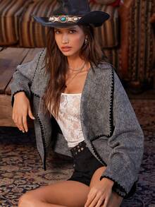 Easelle Women's Gray Casual Dropped Shoulder Floral Trim Jacket, Autumn And Winter Overcoat Gray Contrast Edge Autumn And Winter Retro - Grey - View 7