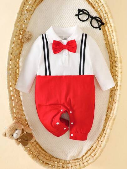 SHEIN Newborn Baby Boy Jumpsuit, 2-In-1 Front Opening Design, Fashionable & Elegant, Bow Decor, Gentlemanly Style, Sophisticated & Chic, Minimalist Design, Suitable For Daily Wear And Photography, All Season, Baby Boy Clothing