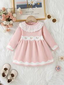SHEIN Baby Mädchen gerüschter Kragen Langarm gestricktes Sweaterkleid, elegantes besticktes Design, bequem für Herbst/Winter, vielseitig für Alltag, Zuhause, Ausflüge, Reisen, Schule, Kinderbetreuung, Rosa - Pink - Übersicht 3