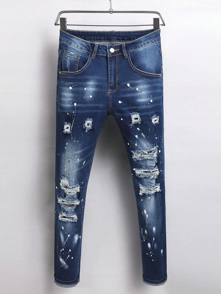 Manfinity Homme Men's Distressed Pocket Contrast Color Casual Versatile Streetwear Denim Jeans - Dark Wash - View 1