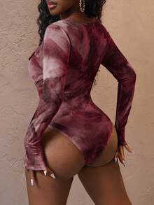 Slaydiva New Elegant Casual Square Neck Lace Decoration Sfumato Pattern Print Long Sleeve Women's Bodysuit Long Sleeve Bodysuit Women Bodysuits Sheer Bodysuit - Burgundy - View 2