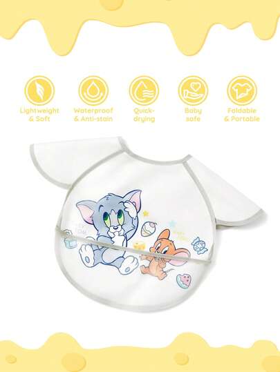 TOM & JERRY X SHEIN 6-24Months Baby/Toddlers Waterproof Oil-Proof Bib, TPU Material Cute Cat & Mouse Cartoon Pattern, White, Suitable For Boys & Girls, Ideal For Feeding, Super Soft, Lightweight & Foldable, Portable